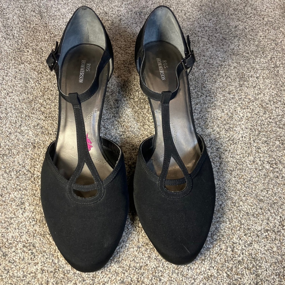 Ros Hommerson Heidi Black T-Strap Block Heel Pumps‎ Womens 11.5W Timeless Retro